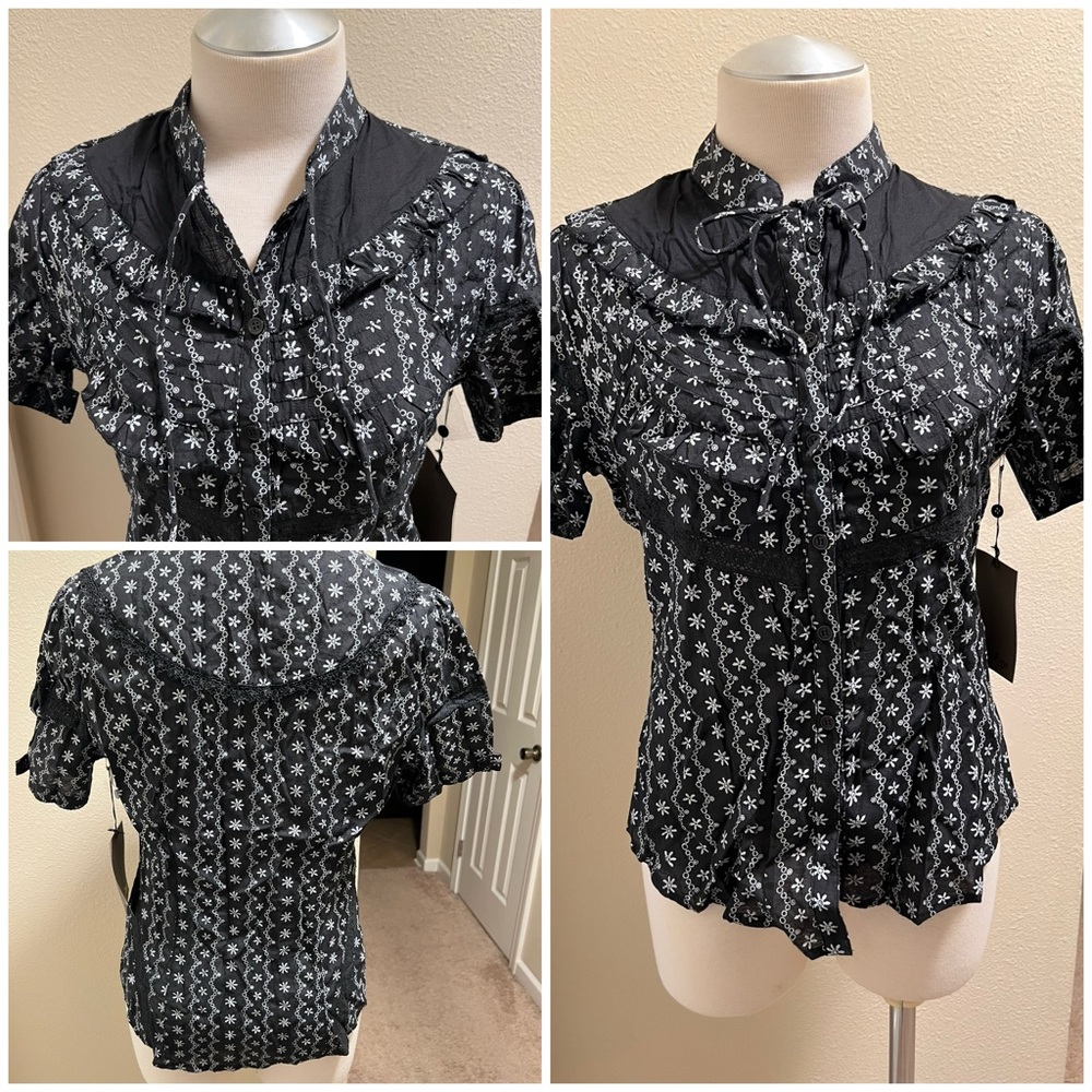 Black with White Design Button Down Blouse